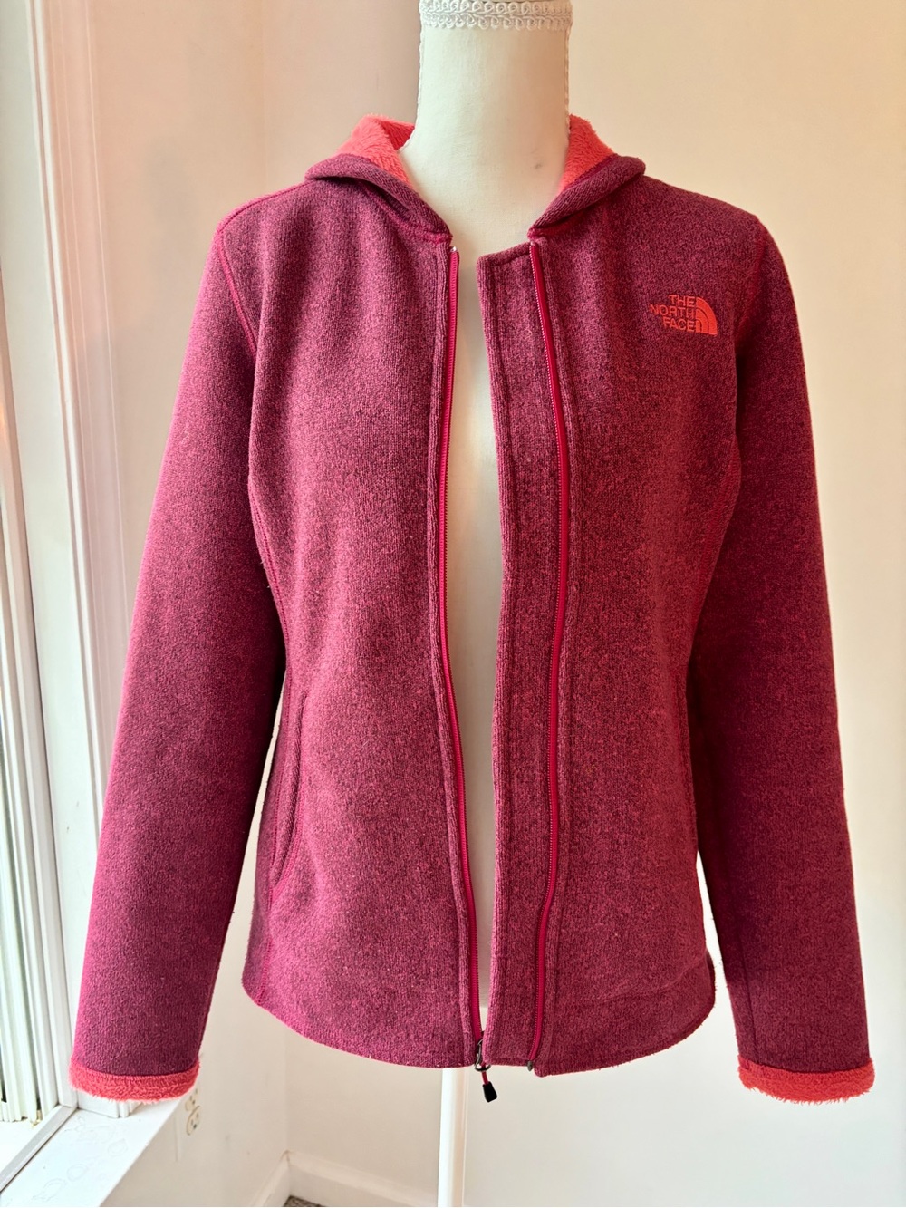 The North Face Women's Pink Zip-Up Partial Hood Fleece Sweatshirt - SP